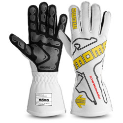 MOMO PERFORMANCE състезателни ръкавици с хомологация на FIA (външен шев), бяло