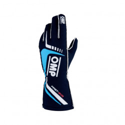 Състезателни ръкавици OMP First EVO с хомологация от FIA (външен шев) синьо / циан / бяло
