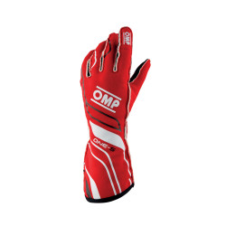 Състезателни ръкавици OMP ONE-S с хомологация на FIA (външни шевове) червено/бяло