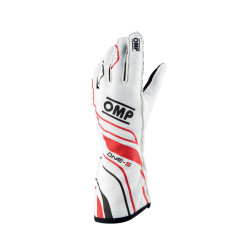 Състезателни ръкавици OMP ONE-S с хомологация на FIA (външни шевове) бяло/червено